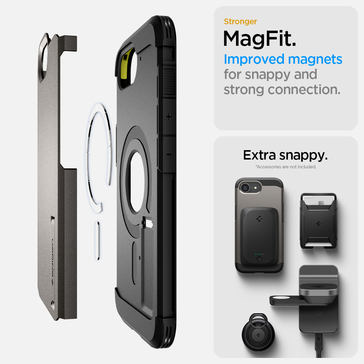 ACS09136 - iPhone 17e Case Tough Armor AI (MagFit) in Gunmetal showing the stronger MagFit. Improved magnets for snappy and strong connection.