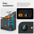 AGL09279 - iPhone 16e Optik Pro EZ Fit Lens Protector in Black showing the easy installation. Alignment tray makes glass application quick, easy and accrate