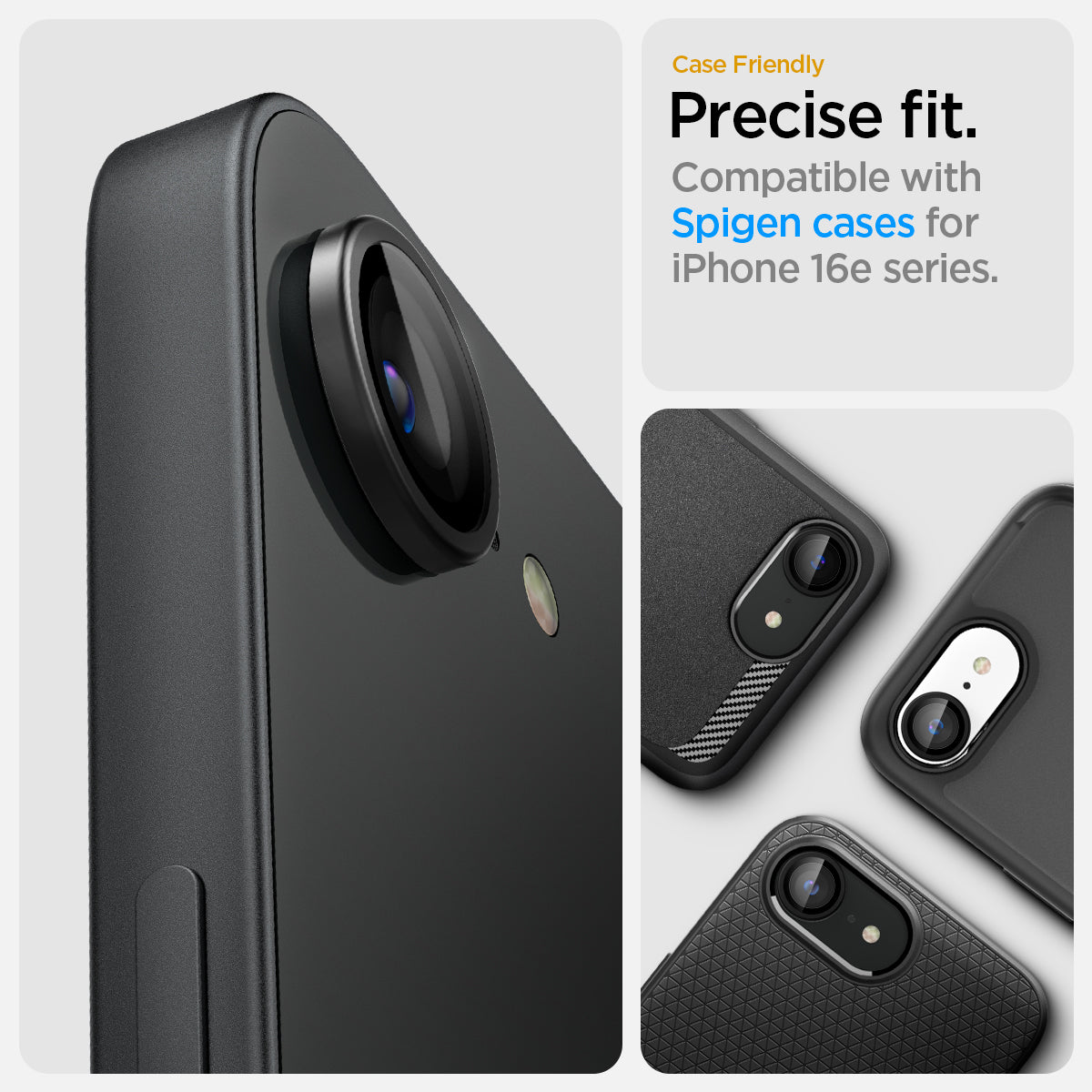 AGL09279 - iPhone 16e Optik Pro EZ Fit Lens Protector in Black showing the precise fit. Compatible with Spigen cases for iPhone 16e series