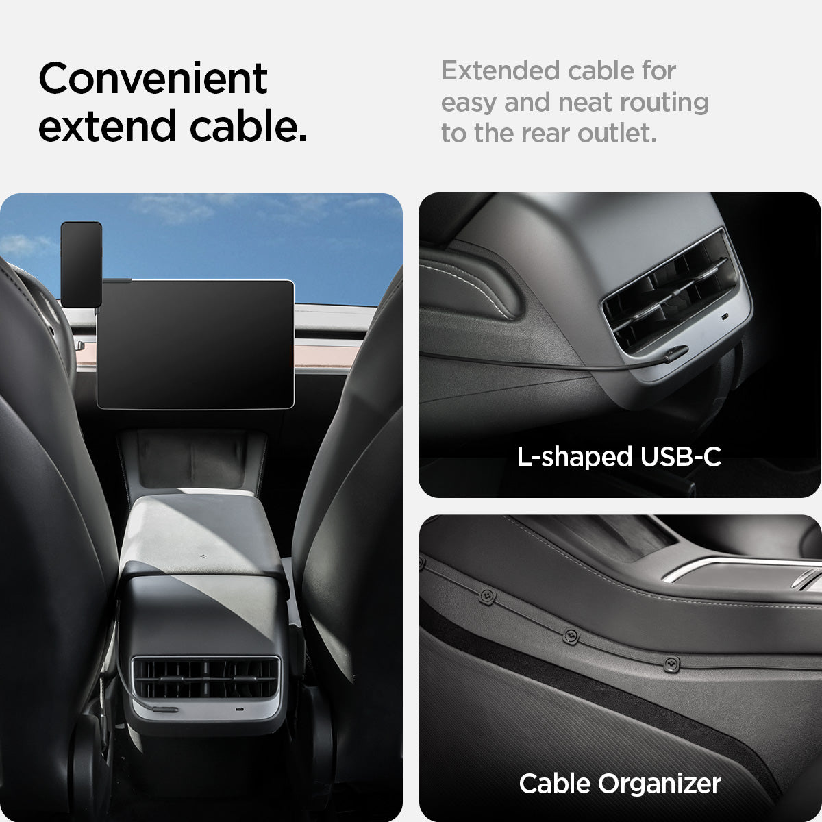 ACP07870 - Tesla Tap Pro Lock Wireless Car Mount ITLST90W in Black showing the convenient extend cable, extended cable for easy and neat routing to the rear outle