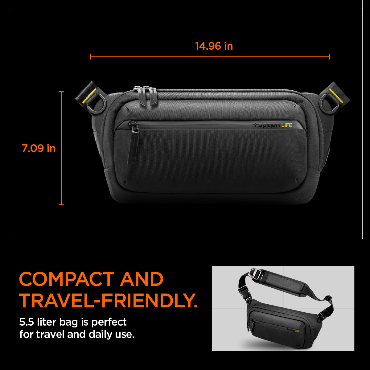 AFA07482 - Sling Bag KD410 in Black showing the compact and travel friendly features