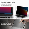 AFL06440 - MacBook Pro 13-inch Safe View in Privacy showing the Nanotac Technology. Residue-free adhesive secures lower screen. To reactive adhesive, add water then wipe it dry