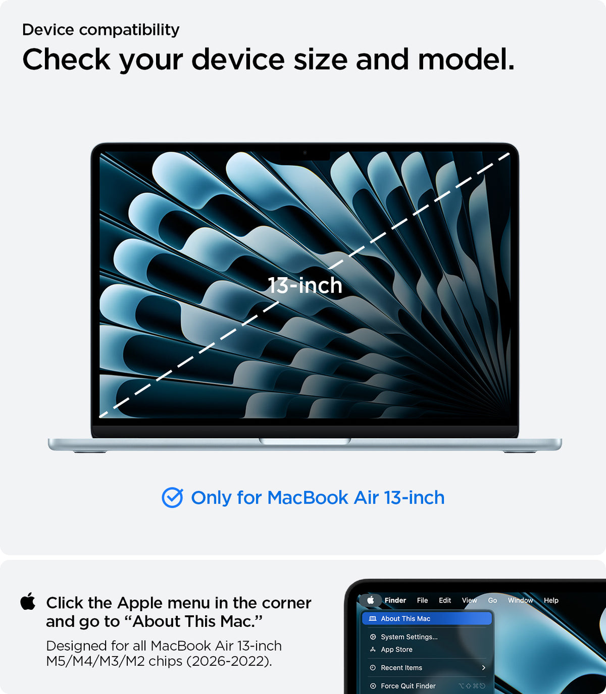 ACS11269 - MacBook Air 13-inch Nano Pop Black Sesame showing device compatibility and size guidance for a precise fit