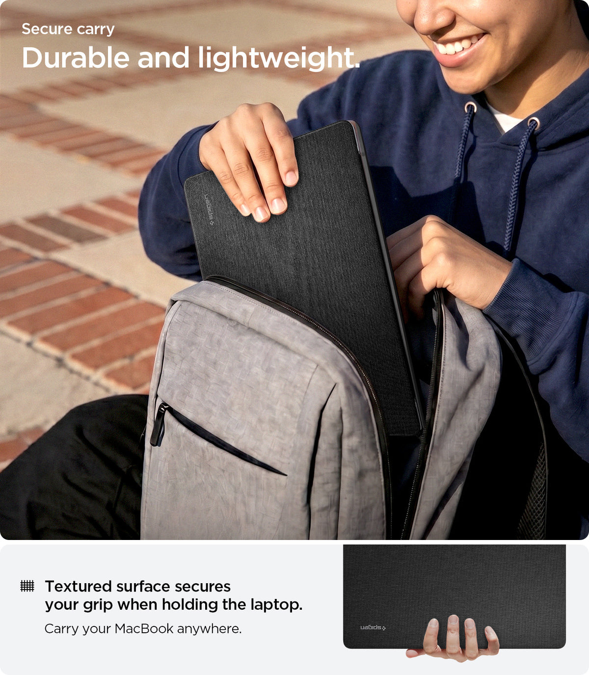 ACS06958 - MacBook Air 15-inch Case Urban Fit in Black showing lightweight MacBook Air case with textured surface grip fitting easily into a backpack