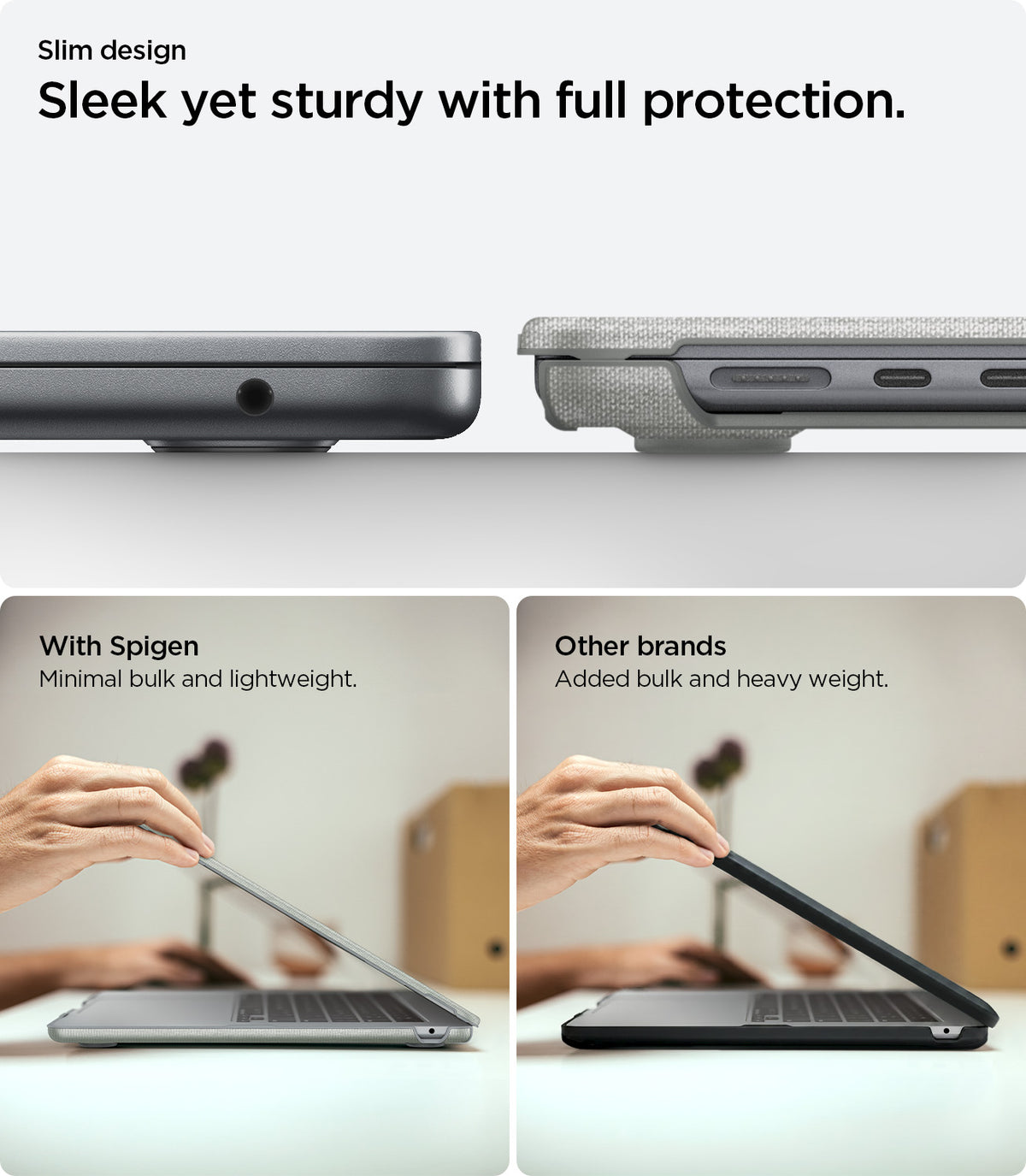 ACS10975 - MacBook Air 15-inch in Heather Gray showing side profile comparison between Spigen minimal bulk versus other brands added bulk; highlights full protection with slim design