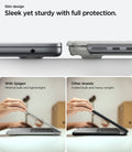 ACS10974 - MacBook Air 13-inch in Heather Gray showing side profile comparison between Spigen minimal bulk versus other brands added bulk; highlights full protection with slim design