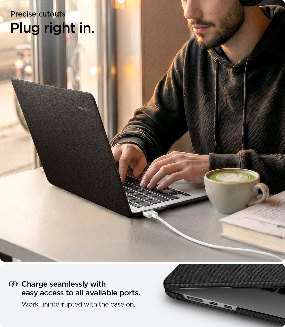 ACS05272 - MacBook Air Case Urban Fit in black showing precise port cutouts on the Urban Fit MacBook Air case with seamless charging access