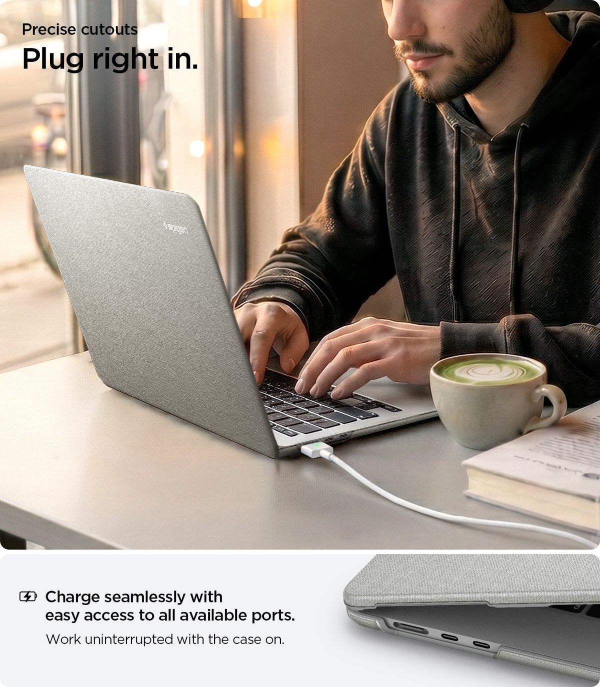 ACS10975 - MacBook Air 15-inch in Heather Gray showing lifestyle shot of working at cafe with charger plugged in; highlights precise cutouts for easy access to all ports