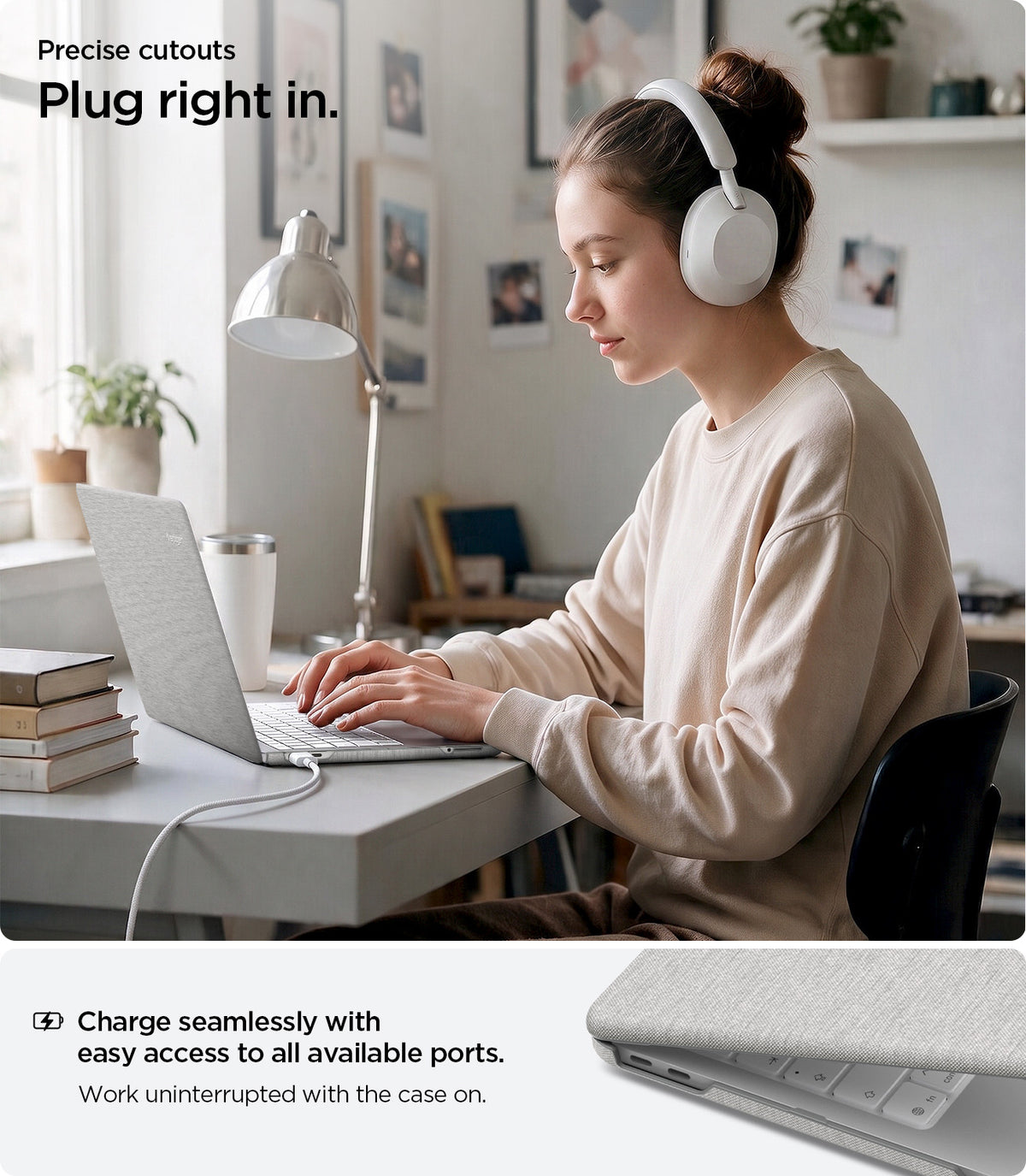 ACS11542 - MacBook Neo 13-inch Urban Fit in Heather Gray showing precise cutouts for easy access to charging ports while keeping the laptop case on