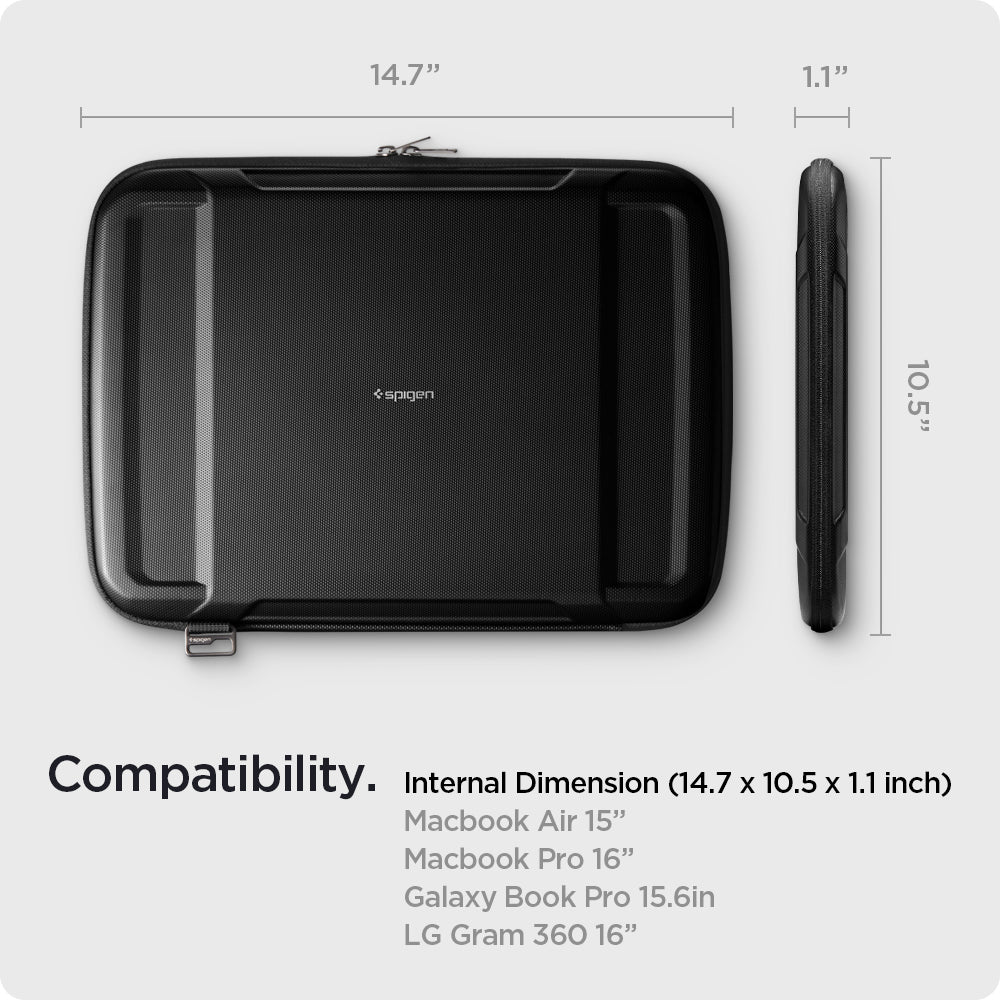 AFA04271 - MacBook Pro Series Rugged Armor Pro Pouch in black showing the compatibility.  Internal dimension (14.7 x 10.5 x 1.1 inch) Macbook Air 15" | Pro 16" | Galaxy Book Pro 15.6in | LG Gram 360 16"