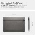 AFA06415 - MacBook Pro 14-inch Valentinus Laptop Pouch in City Gray displaying dimensions and compatibility with MacBook Pro 14 inch and most 13 inch laptops