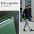 AFA06417 - MacBook Pro 14-inch Valentinus Laptop Pouch in JeJu Green featuring built in magnetic flap closure and lifestyle carry in urban setting