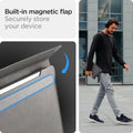 AFA06415 - MacBook Pro 14-inch Valentinus Laptop Pouch in City Gray featuring built in magnetic flap closure and lifestyle carry in urban setting