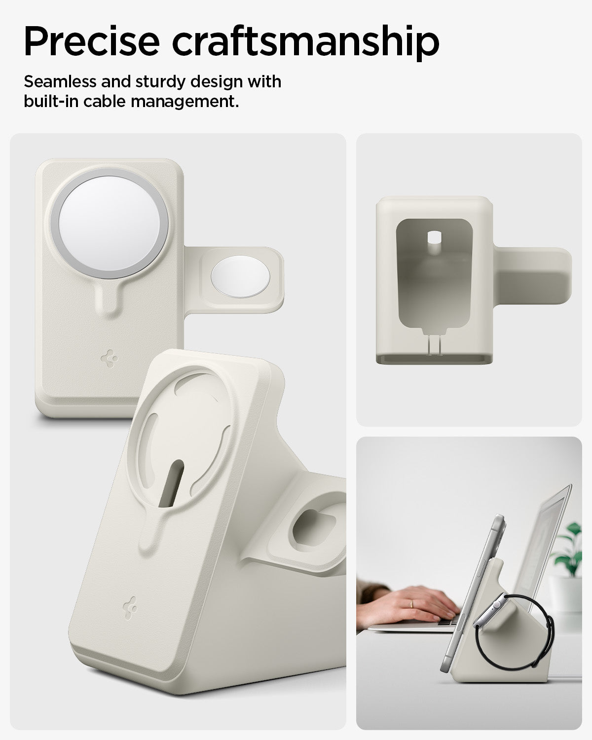 AMP09173 - Magsafe Duo Charger Stand (Mag Fit) in Dune Beige  showing the precise craftsmanship. Seamless and sturdy design with built-in cable management. 