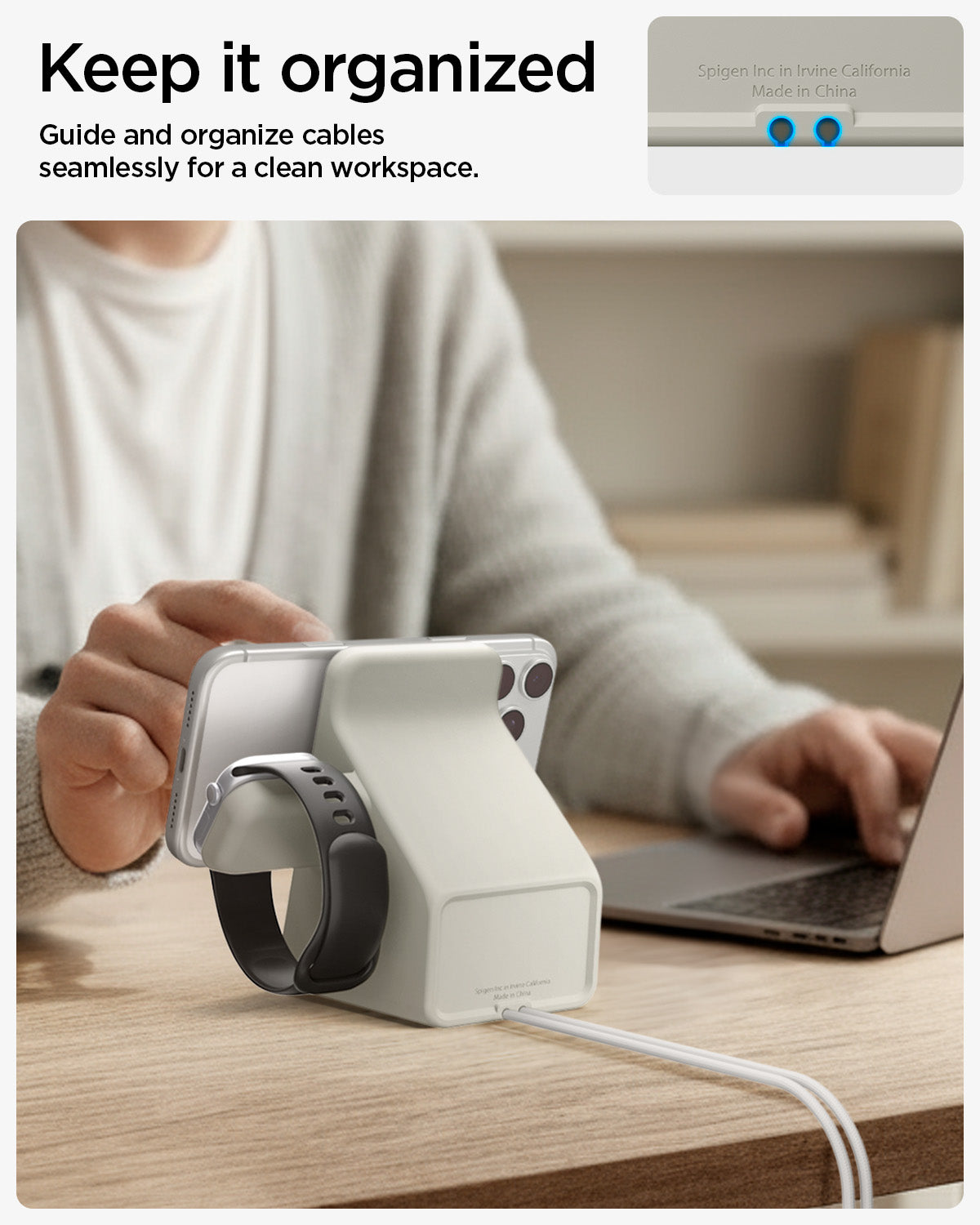 AMP09173 - Magsafe Duo Charger Stand (Mag Fit) in Dune Beige showing the guide and organized cables seamlessly for a clean workspace. 
