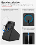 AMP09170 - Magsafe Charger Stand (Mag Fit) in Black showing the easy installation. Simply guide the MagSafe Charger through, plug in and power up. 1. Insert charger from the front, and pull cable to the back 2. Tear cover off the tape and secure the charger 3. Guide cable through and clip in hole on the back 