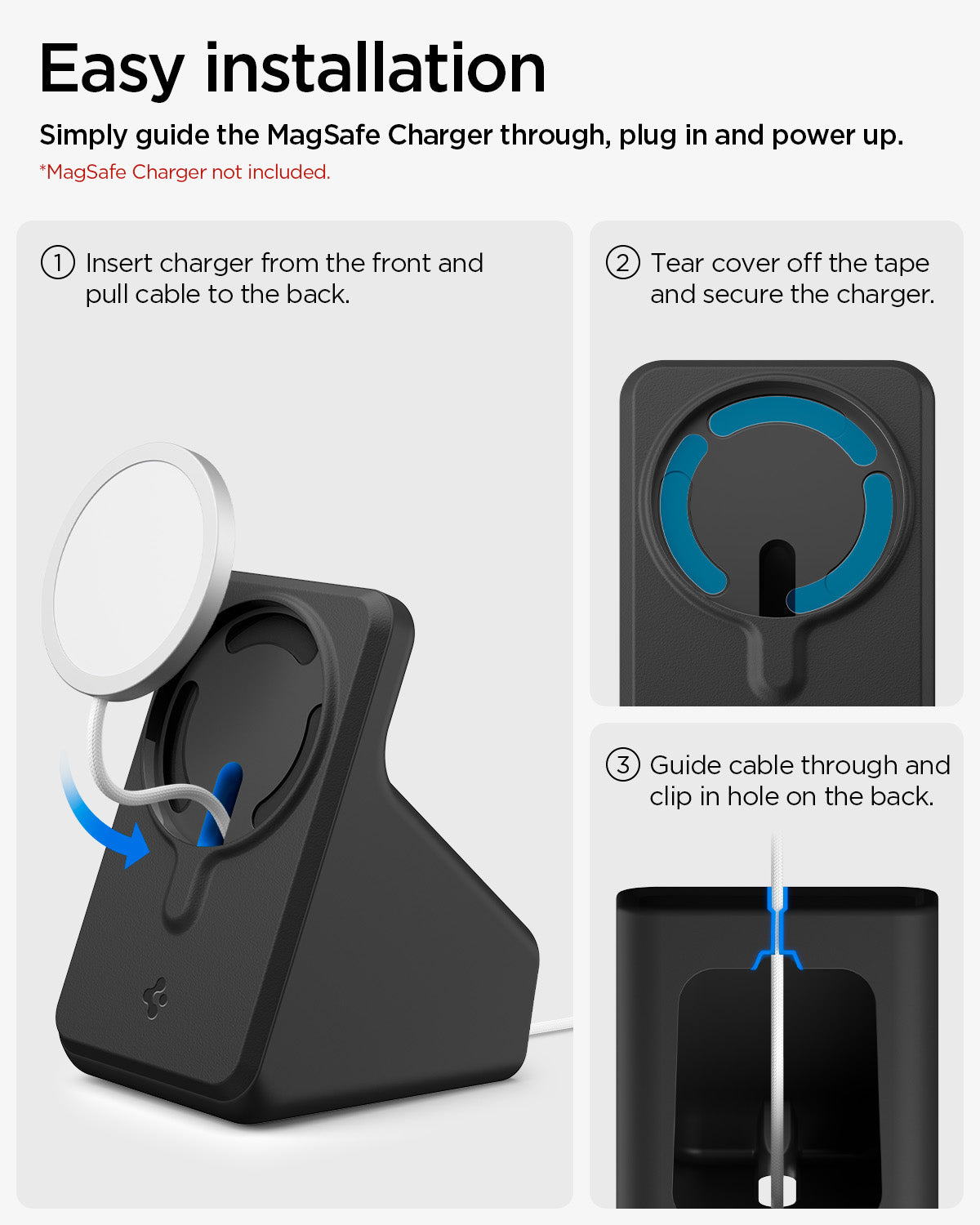 AMP09170 - Magsafe Charger Stand (Mag Fit) in Black showing the easy installation. Simply guide the MagSafe Charger through, plug in and power up. 1. Insert charger from the front, and pull cable to the back 2. Tear cover off the tape and secure the charger 3. Guide cable through and clip in hole on the back 