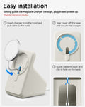 AMP09171 - Magsafe Charger Stand (Mag Fit) in Dune Beige showing the easy installation. Simply guide the MagSafe Charger through, plug in and power up. 1. Insert charger from the front, and pull cable to the back 2. Tear cover off the tape and secure the charger 3. Guide cable through and clip in hole on the back 
