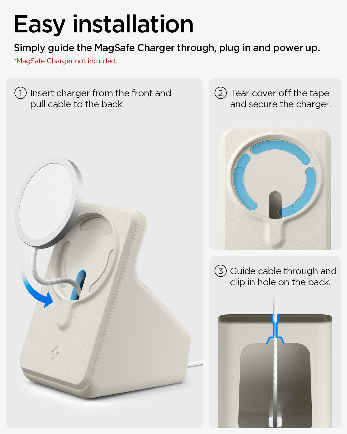 AMP09171 - Magsafe Charger Stand (Mag Fit) in Dune Beige showing the easy installation. Simply guide the MagSafe Charger through, plug in and power up. 1. Insert charger from the front, and pull cable to the back 2. Tear cover off the tape and secure the charger 3. Guide cable through and clip in hole on the back 