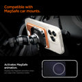 AFA11340 - MagSafe Card Holder Valentinus | 3 Cards (Mag Fit+) in Metallic Orange showing the compatible with magsafe car mounts, activates magsafe animation, displays the magsafe animation when you snap it the valentinus wallet