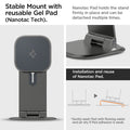 AMP06414 - OneTap Easel Magnetic Stand (MagFit) in black showing the stable mount with reusable Gel Pad (Nanotac Tech}. Nanotec Pad holds the stand firmly in place and can be detached multiple times. Installation and reuse of Nanotac Pad (Gently wash Pad with flowing water and air dry if Pad adhesion is weak)