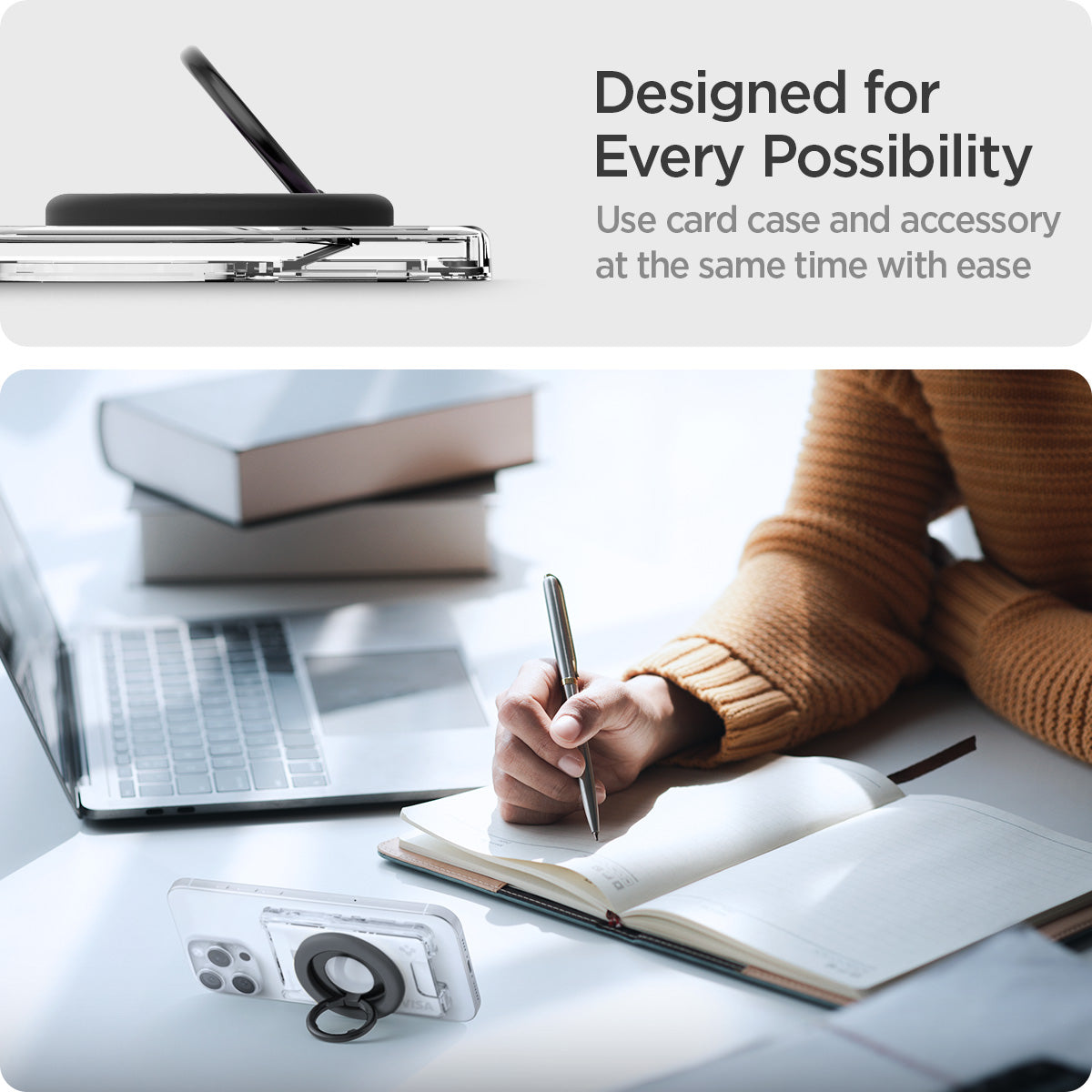 AFA08888 - Ultra Hybrid MagFit+ Wallet (MagFit) in Crystal Clear showing the designed for every possibility. Use card case and accessory at the same time with ease