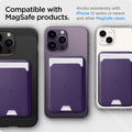 AFA06267 - MagSafe Card Holder Valentinus (MagFit) in purple showing the compatible with magsafe prodcuts, works seamlessly with iphone 12 series or newer and other magsafe cases