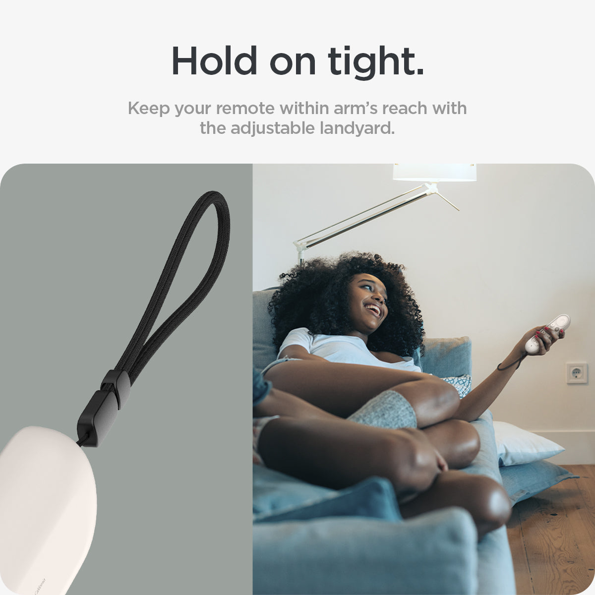 ACS07975 - Google TV Streamer Silicone Fit Voice Remote in Porcelain showing how keeping your remote within arm's reach with the adjustable lanyard