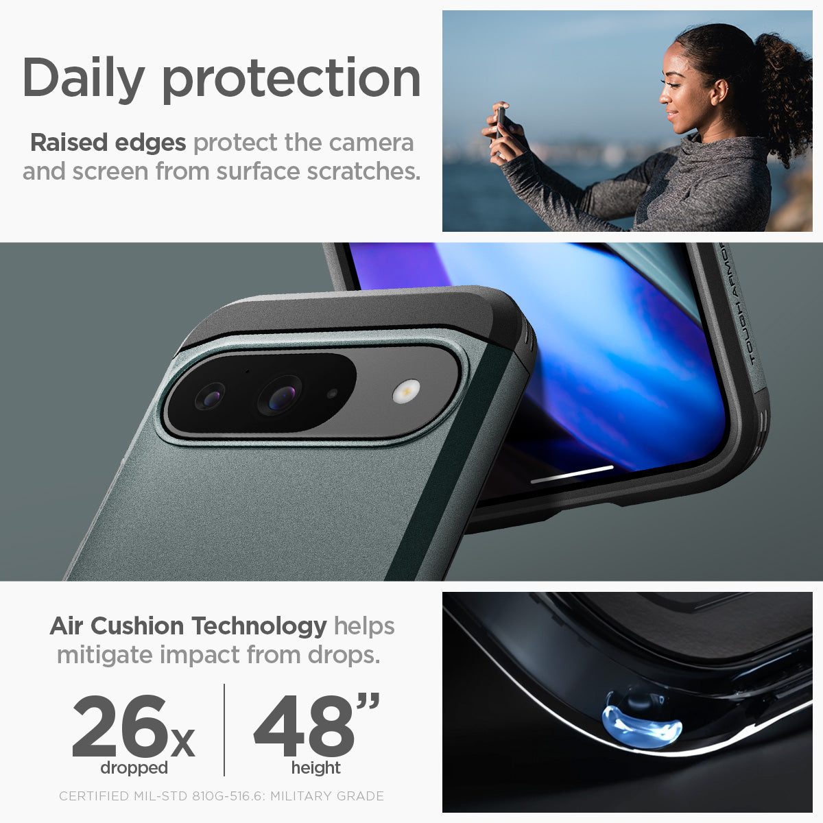 ACS07694 - Pixel 9 Pro Case  Tough Armor in Abyss Green daily protection raised edges protect the camera and screen from surface scratches. Air cushion technology helps mitigate impact from drops.