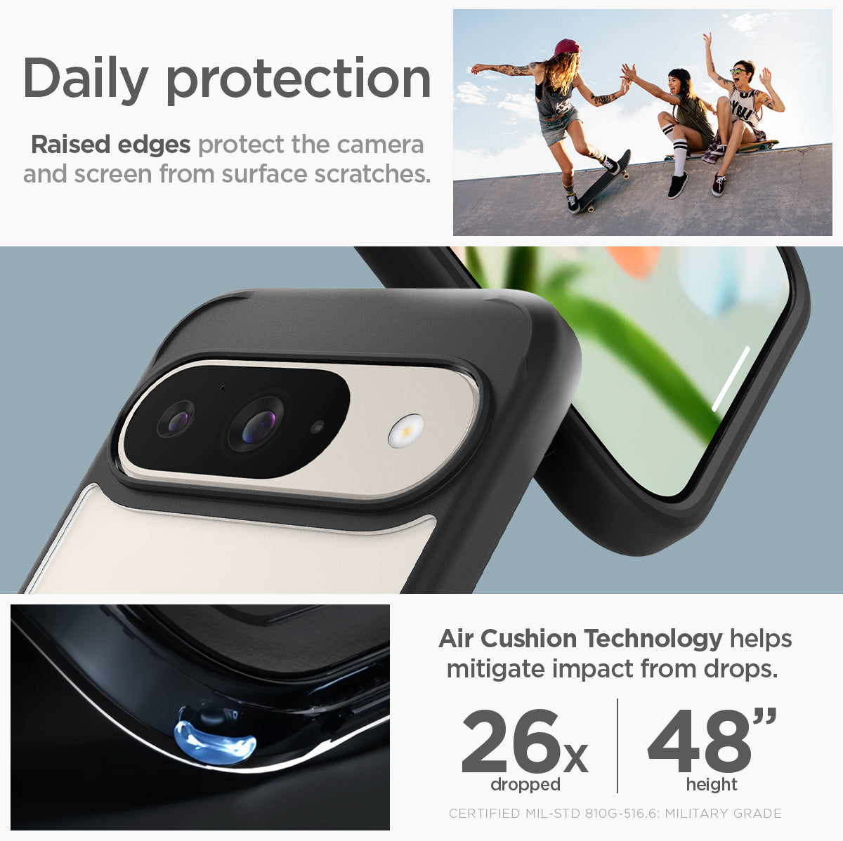 ACS07690 - Pixel 9 Pro Case Ultra Hybrid in Matte Black daily protection raised edges protect the camera and screen from surface scratches. Air cushion technology helps mitigate impact from drops.
