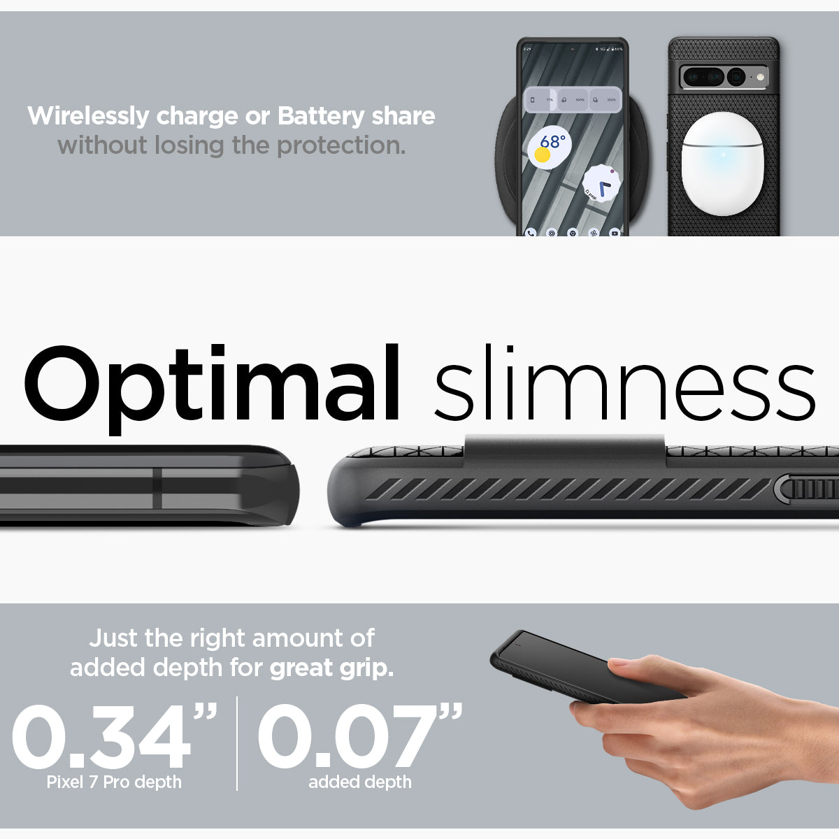 ACS04723 - Pixel 7 Pro Case Liquid Air in matte black wirelessly charge or battery share without losing the protection. Optimal slimness. Just the right amount of added depth for great grip.
