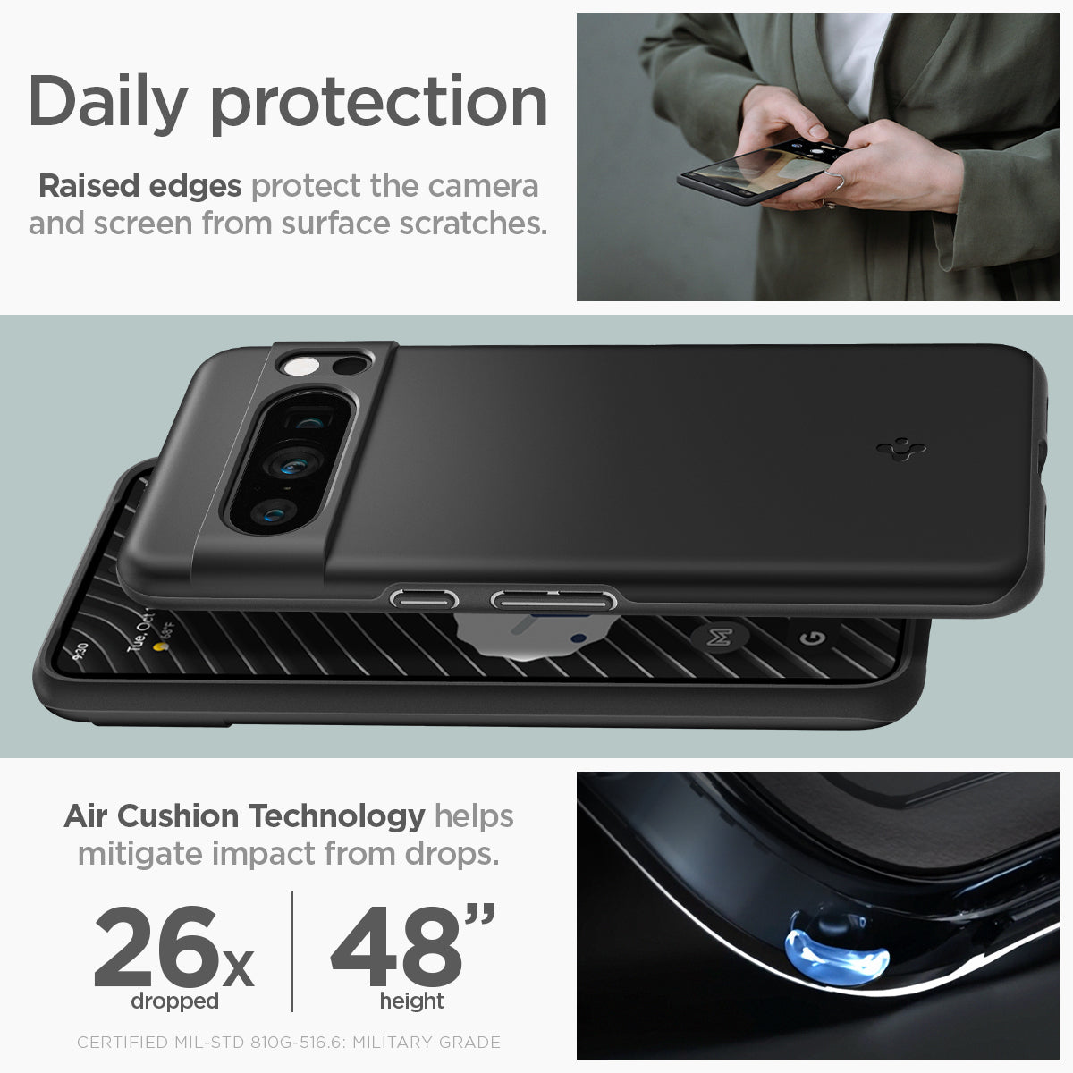 ACS06325 - Pixel 8 Pro Case Thin Fit in black daily protection raised edges protect the camera and screen from surface scratches. Air cushion technology helps mitigate impact from drops.
