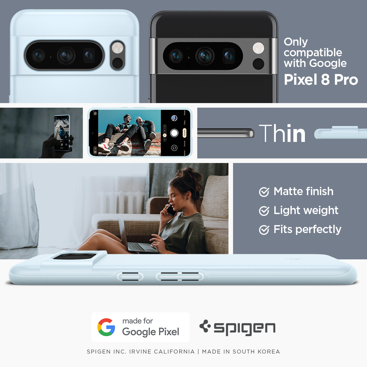 ACS06327 - Pixel 8 Pro Case Thin Fit in mute blue only compatible with google pixel 8 pro. thin. matte finish. light weight. fits perfectly. made for google.
