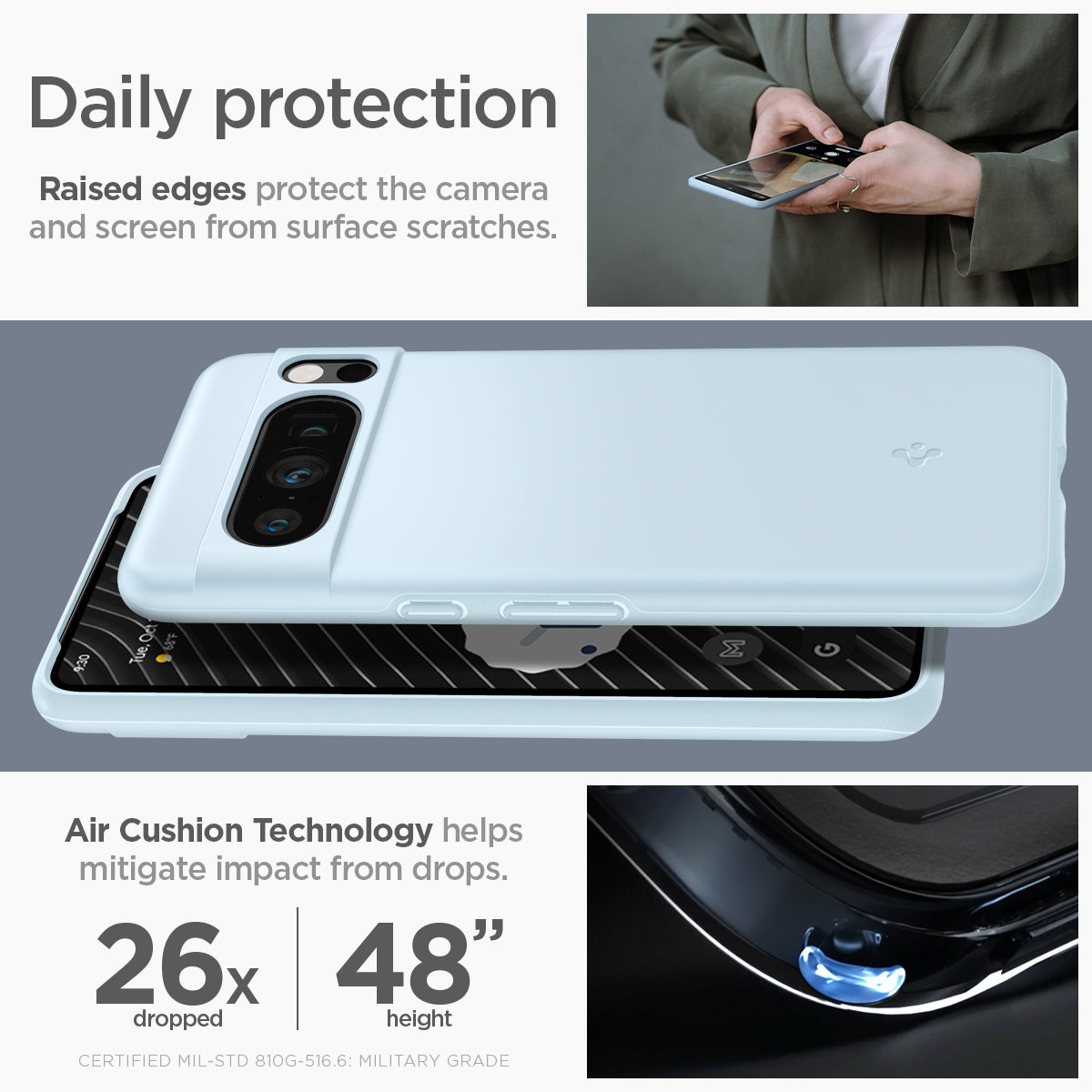 ACS06327 - Pixel 8 Pro Case Thin Fit in mute blue daily protection raised edges protect the camera and screen from surface scratches. Air cushion technology helps mitigate impact from drops.
