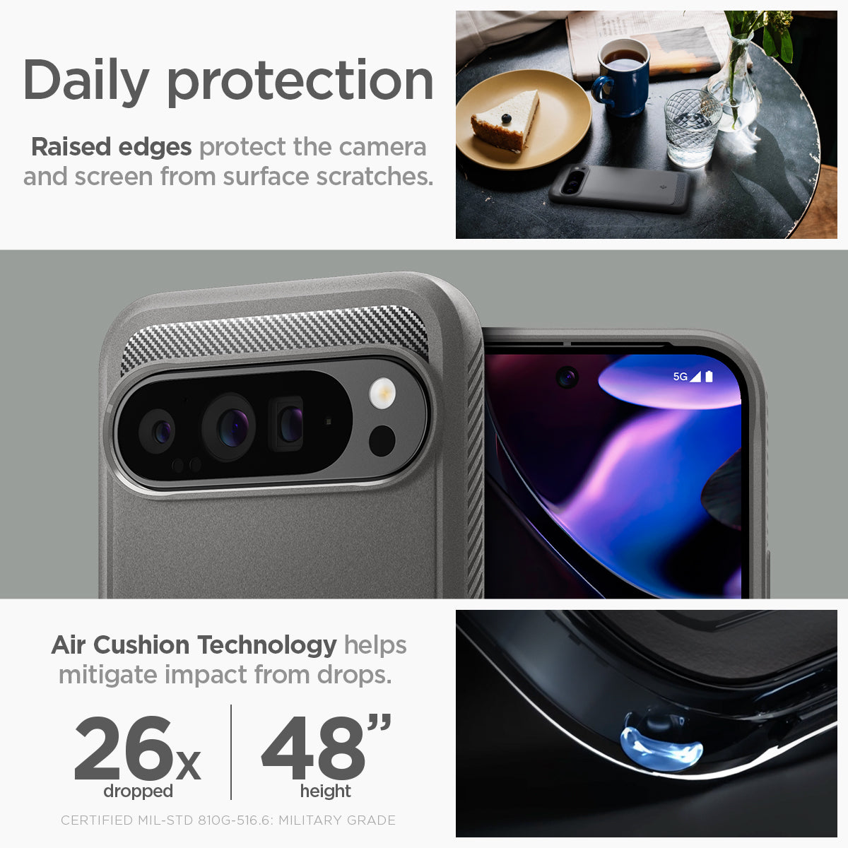 ACS07784 - Pixel 9 Pro XL Case Rugged Armor in Marble Gray daily protection raised edges protect the camera and screen from surface scratches. Air cushion technology helps mitigate impact from drops.
