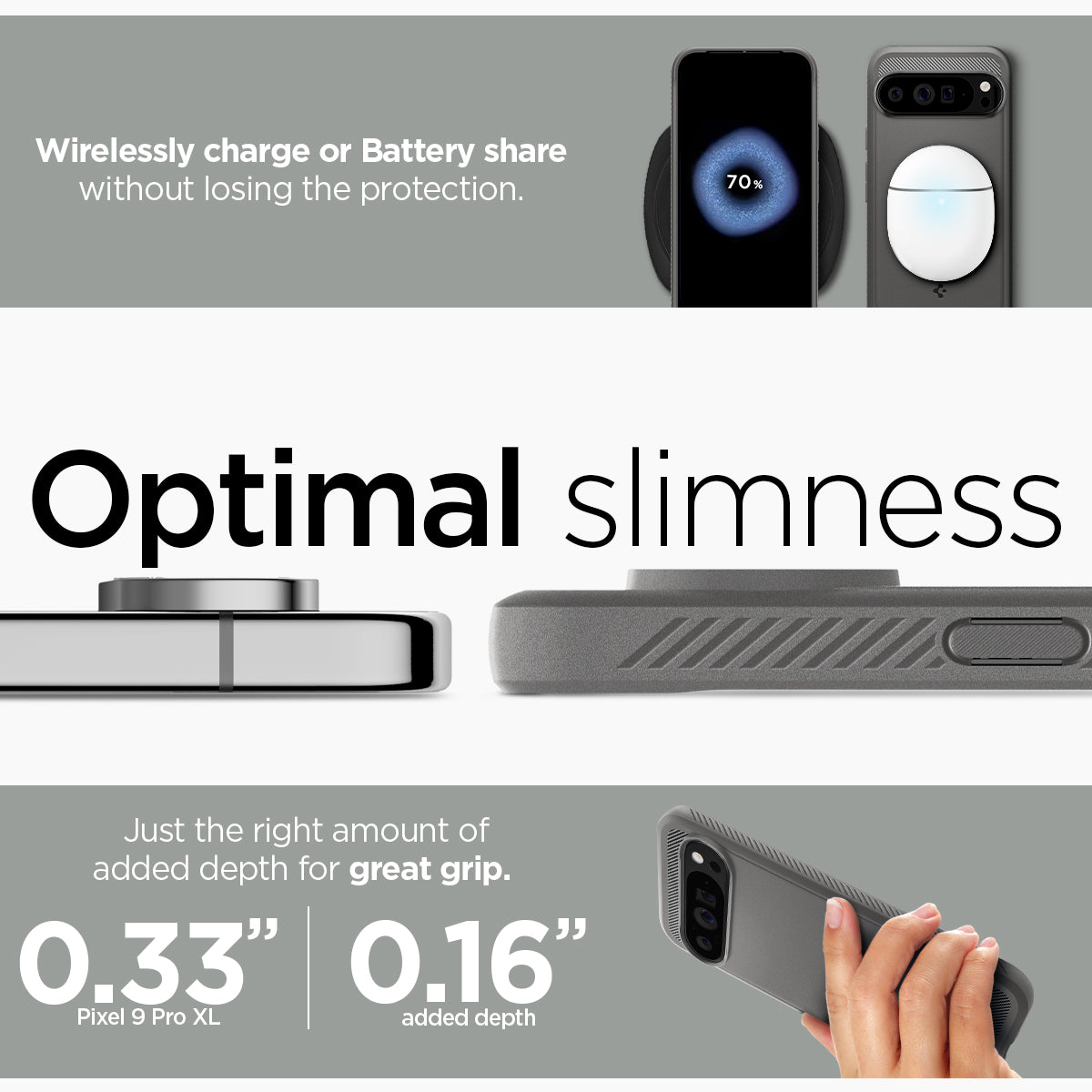 ACS07784 - Pixel 9 Pro XL Case Rugged Armor in Marble Gray wirelessly charge or battery share without losing the protection. Optimal slimness. Just the right amount of added depth for great grip.
