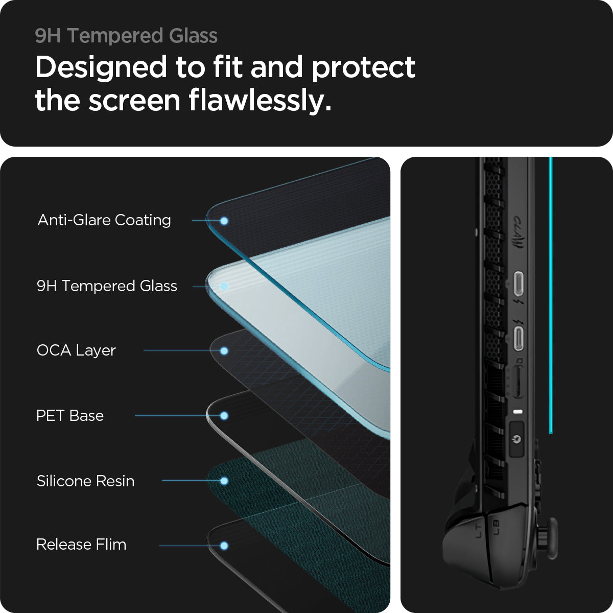 AGL09754 - Claw AI+ A2VM GLAS.tR Slim showing 9H Tempered glass. Designed to fit and protect the screen flawlessly. Anti glare coating. 9H tempered glass. OCA layer. PET base. silicone resin. release flim.
