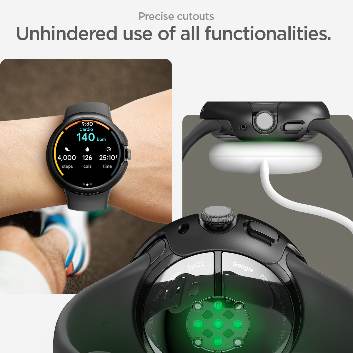ACS07392 - Pixel Watch 3 (41mm) Case Thin Fit in Black showing the precious cutouts. Unhindered use of all functionalities also showing different angles