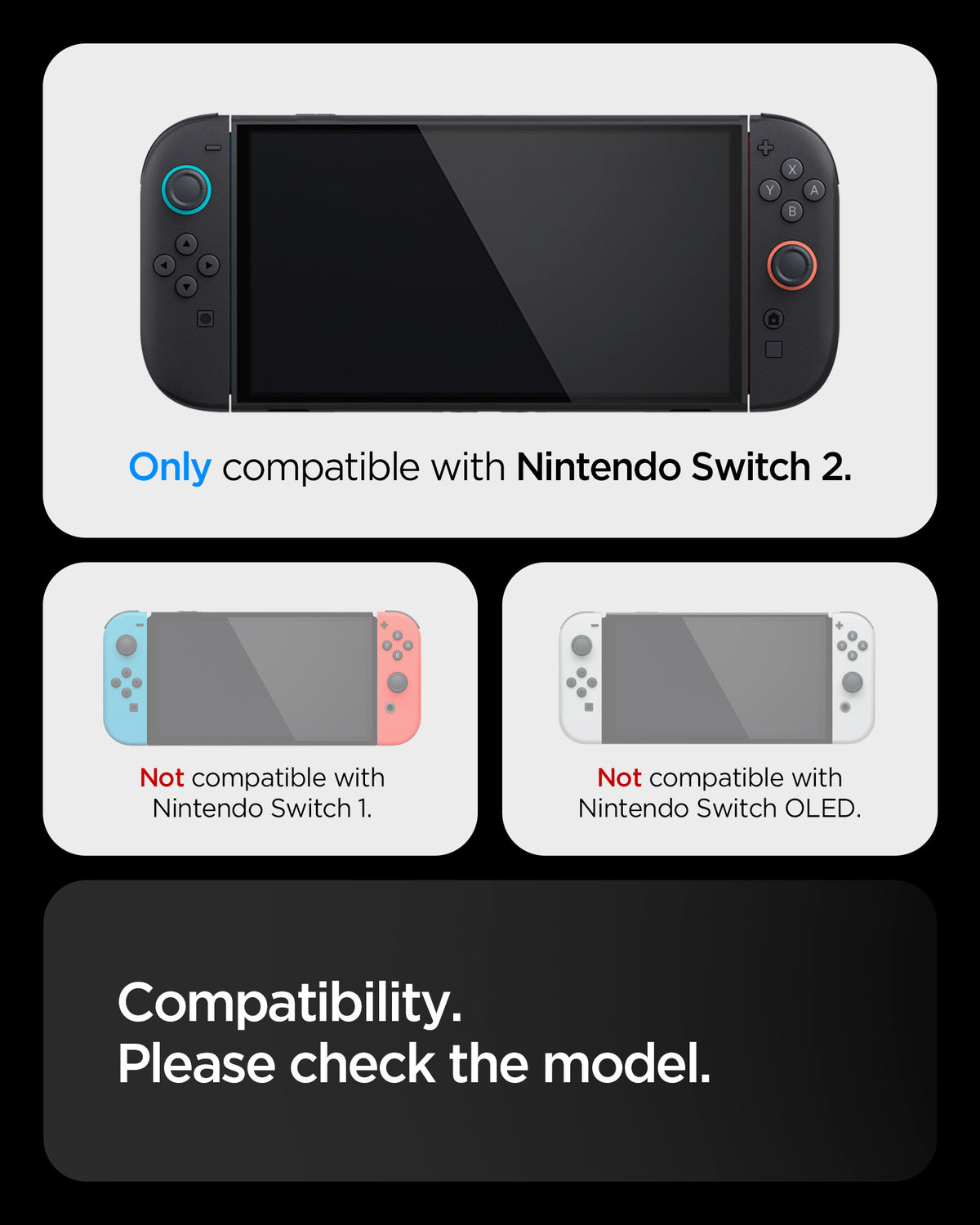 ACS09310 - Nintendo Switch 2 Case Dual Grip in Black showing the compatibility. Only compatible with Nintendo Switch 2 and Not compatible with Nintendo Switch 1 and Nintendo Switch OLED