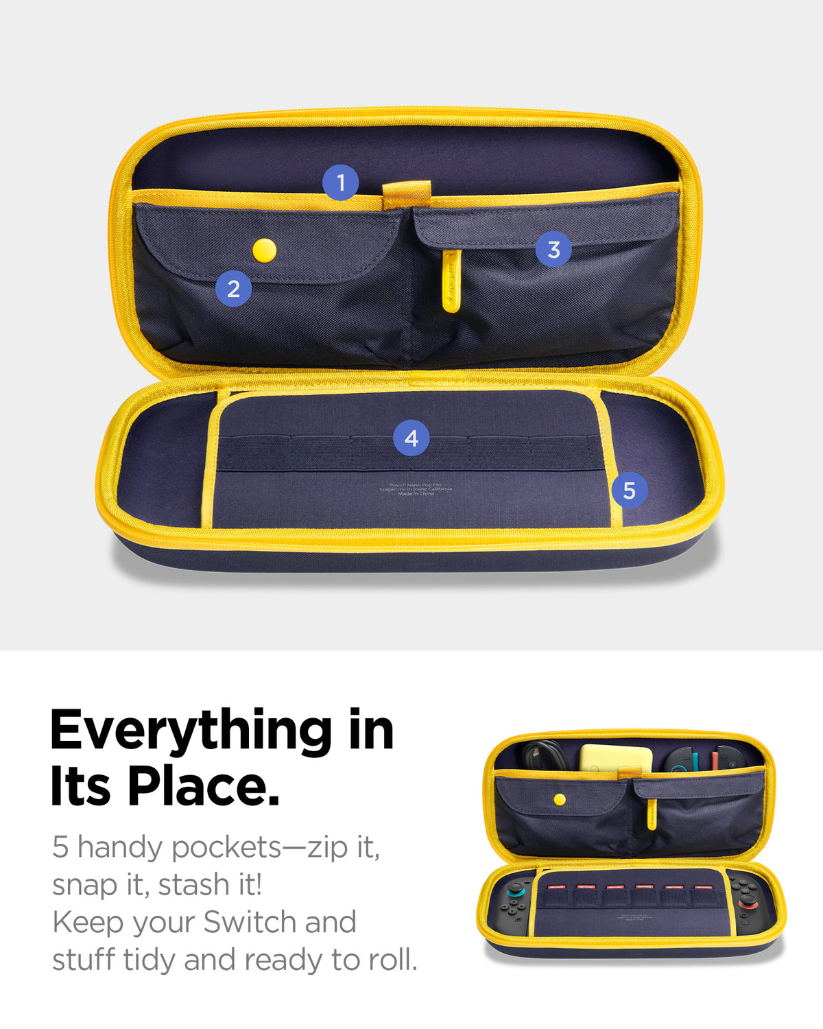 AGP09565 - Nintendo Switch 2 Nano Pop Pro Blueberry Navy showing everything in its place. 5 handy pockets-zip it, snap it, stash it. Keep your switch and stuff tidy and ready to roll