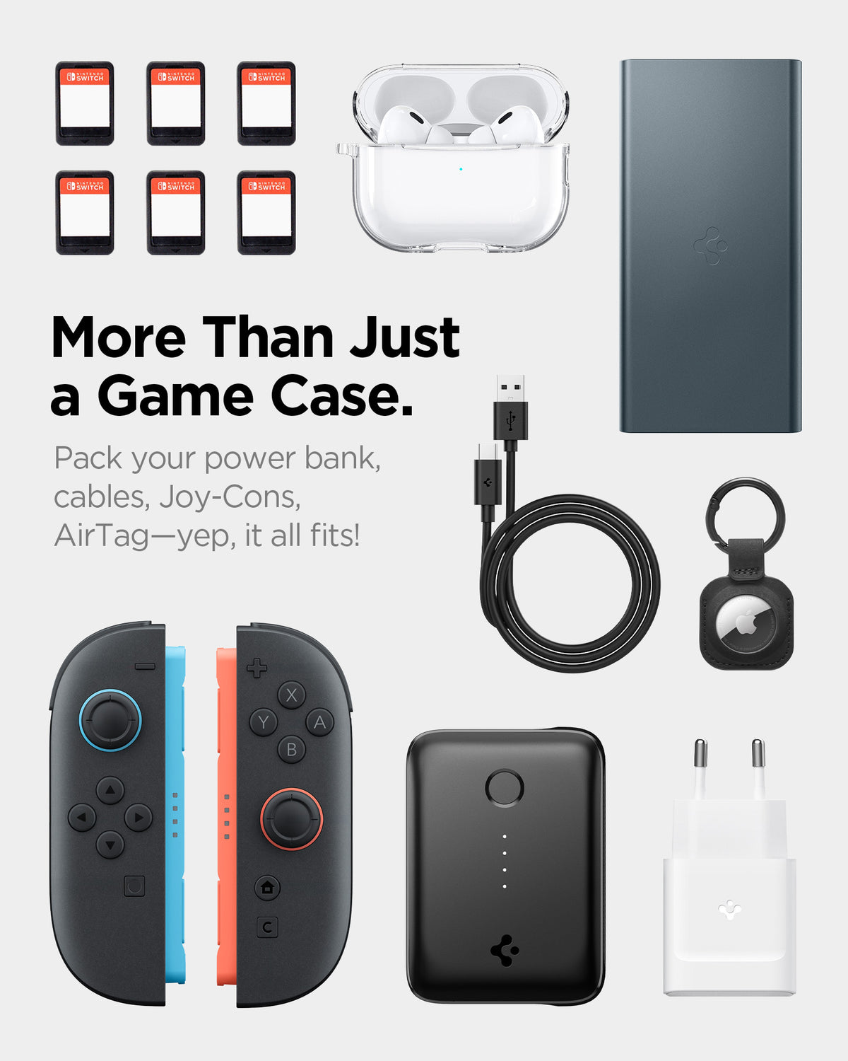 AGP09565 - Nintendo Switch 2 Nano Pop Pro Blueberry Navy showing pack your power bank, cables, Joy-cons, AirTag it all fits