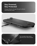 ACS10487 - Nintendo Switch 2 Thin Fit 360 in Black showing how to stay powered and protected. Charge directly through the port without removing the cover. Tip: For better heat control, open the cover while charging