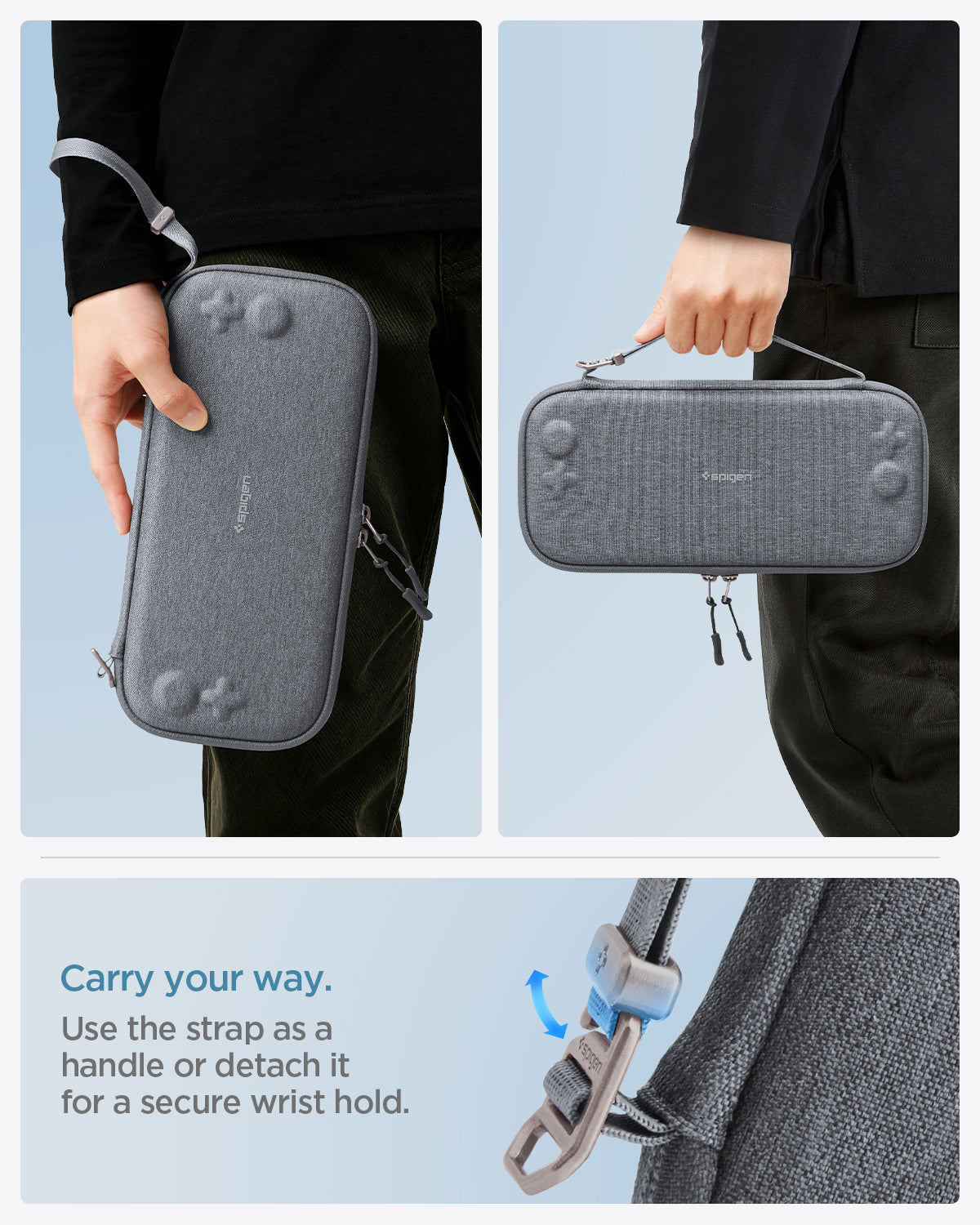AGP10197 - Nintendo Switch 2 Klasden Pouch 2 in Charcoal Gray showing the different usage of the strap as a handle or detached for a secure wrist hold. 