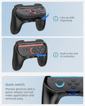 AGP10162 - Nintendo Switch Joy-Con Grip | NS100 in Black showing the quick switch. Precise grooves and a quick release cut-out make application and removal easy. 1. Line up with engraving 2. Push in the rest of controller
