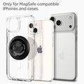AMP05505 - O-Mag Magnetic Phone Holder (MagFit) in carbon showing the only for magsafe compatible iphones and cases