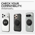 AMP08822 - O-Mag Magnetic Phone Holder (MagFit) OM102 in Black showing the compatibility. Works with iPhone 12 or newer and all MagSafe compatible cases