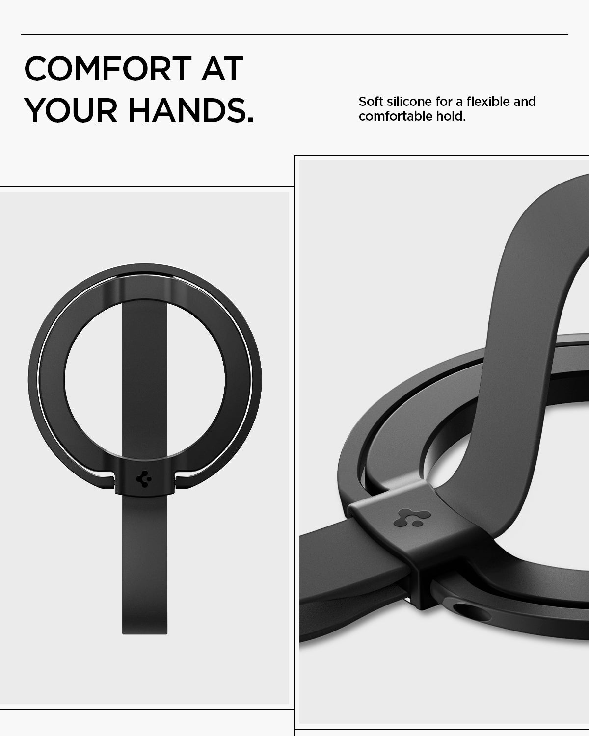 AMP08551 - O-Mag Magnetic Phone Holder (MagFit) | OM103 in Black comfort at your hands. soft silicone for a flexible and comfortable hold