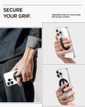 AMP08551 - O-Mag Magnetic Phone Holder (MagFit) | OM103 in Black showing secure your grip. adjustable for secure grip with all day comfort