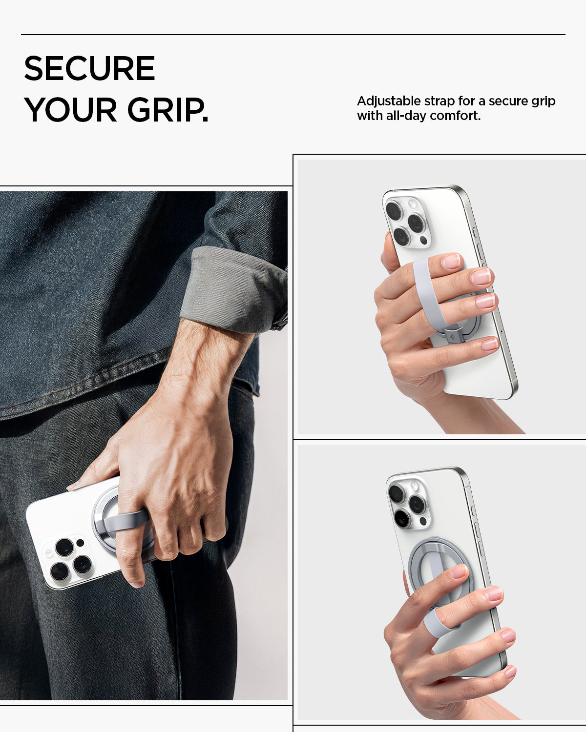 AMP10193 - O-Mag Magnetic Phone Holder (MagFit) | OM103 in Silver showing secure your grip. adjustable for secure grip with all day comfort