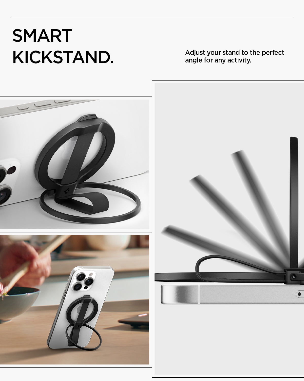 AMP08551 - O-Mag Magnetic Phone Holder (MagFit) | OM103 in Black showing smart kickstand. adjust your stand to the perfect angle for any activity.